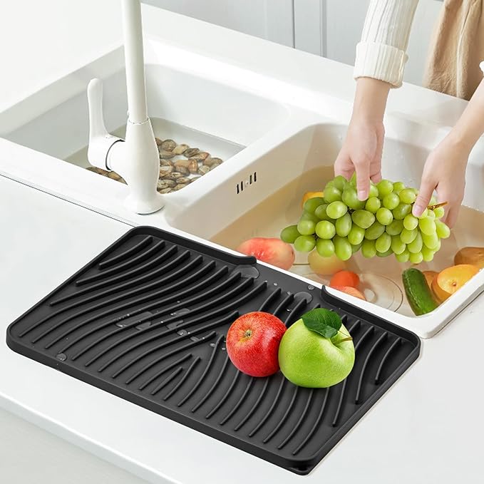 TIKNIK Silicone Dish Drying Mat, Stone Drying Mat for Kitchen Counter with Built-In Drain, Non-Slip Drain Pad with Built-in Drain, Heat Resistant Stone Drying Mat, Hangable, Black-2pcs, 16" x 12"