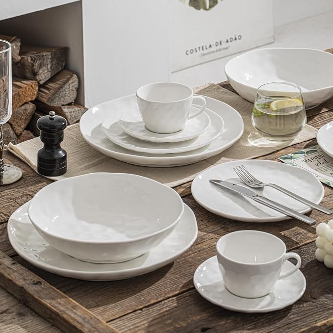 HOMBENE White Dinnerware Set 12 Piece Service for 6, Porcelain Dinnerware Sets, Over Size Plates Sets for Dessert Salad and Pasta, Dishes Set