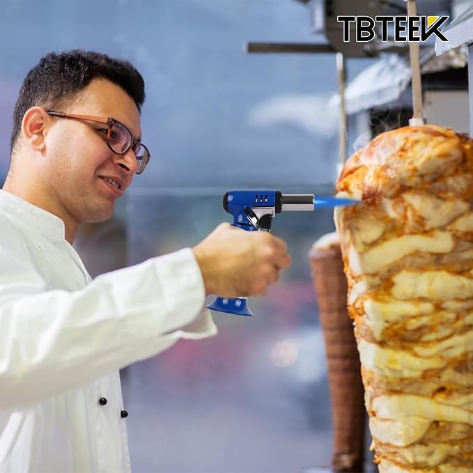 TBTeek Butane Torch with Fuel Gauge T907, One-hand Operation Kitchen Torch Lighter with Adjustable Flame for BBQ, Baking, Brulee Creme, Crafts and Soldering(Butane Gas Not Included), Blue