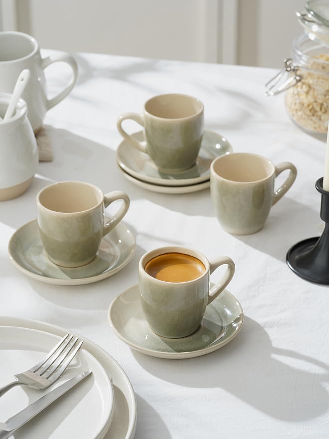 famiware Glacier Espresso Cups with Saucers Set of 4, 3oz Espresso Cup Set, Coffee Mug Set for Latte, Macchiato, Stoneware Demitasse Cups Set for Cafe, Microwave&Dishwasher Safe, Sage Green