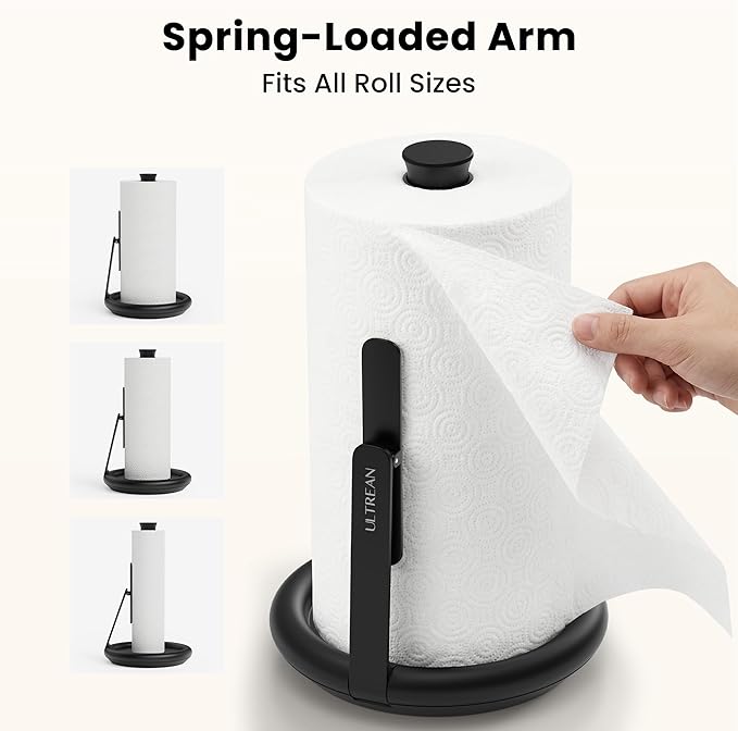Ultrean Paper Towel Holder Countertop, Freestanding Paper Towel Dispenser with Spring-Loaded Arm for One-Handed Tear, Weighted Non-Slip Base, Stainless Steel for Kitchen, Black