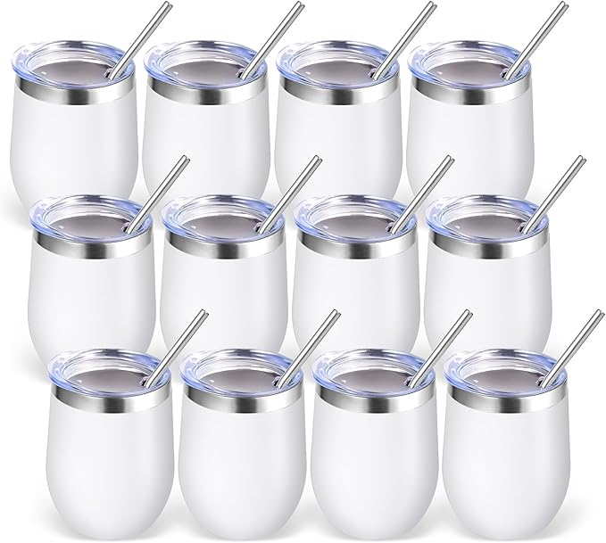 Volhoply 12oz Stainless Steel Wine Tumbler with Lid Bulk 12 Pack,Double Wall Vacuum Stemless Wine Glasses,Reusable Metal Travel Coffe Mug with Straw,Insulated Cups Gifts for Christmas（White,12 Set）
