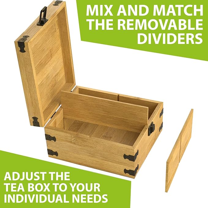 Tea Organizer Box 7.4" x 8.1" x 4.2" Bamboo Wood Organizer Storage Chest 4 Tall Adjustable Slots 100% Handmade Eco-Friendly Natural Kitchen Décor