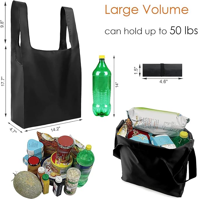 BeeGreen Black Reusable Grocery Bags Shopping Bags for Groceries 12 Pack Heavy Duty - Foldable Polyester Grocery Totes with Handles and Zipper Bag, Large Travel Washable Holiday Tote Bag Bulk