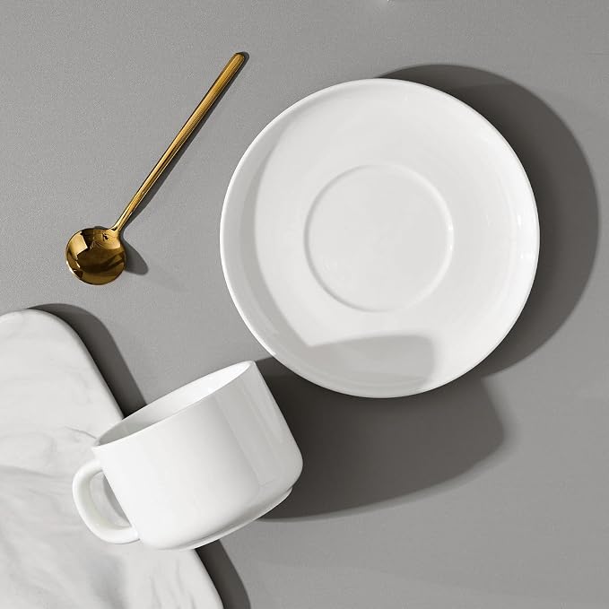 8oz Cappuccino Cups Set of 6, Tea Cups with Saucers and Spoons, White Ceramic Tea Cups Set Coffee Mugs for Tea Cappuccino Espresso Latte Mocha Au Lait Macchiato Cafe