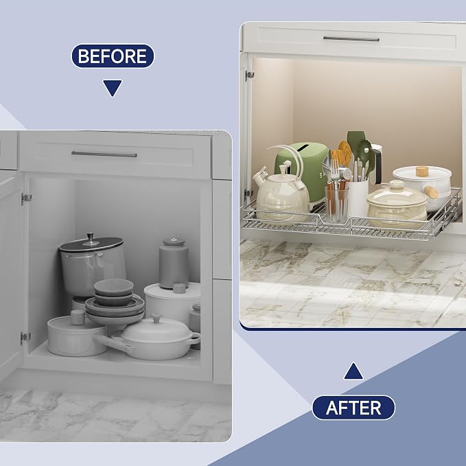 Pull Out Cabinet Organizer, 30" W x 21.5" D, Heavy Duty Chrome Slide Out Shelf for Wide Base Cabinets, Sliding Wire Basket Drawer for Pots, Pans, Appliances & Pantry Storage
