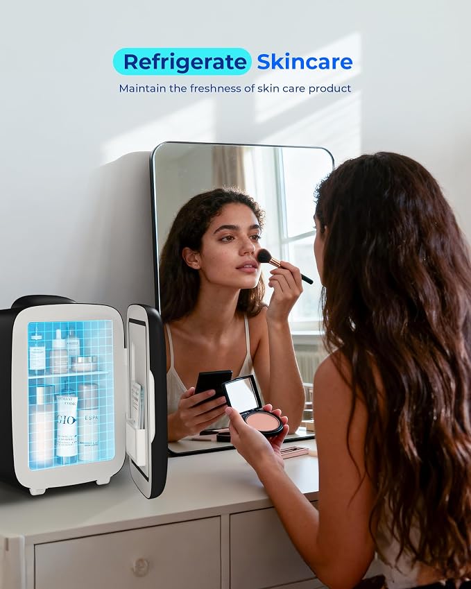 BEICHEN Mini Fridge, 4 Liter/6 Can Portable Cooler and Warmer Fridge for Drinks Skincare Food – Fast Cooling & Ultra-Quiet, Small Compact Refrigerator for Bedroom, Cosmetics, Office and Car(Black)