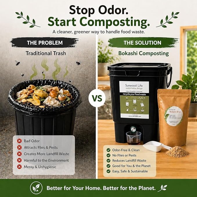 Indoor Bokashi Composter Starter Kit, 2.2 lb Premium Bokashi Bran Included, Easliy Turn Your Kitchen Wastes into Nutrition for Your Garden Soil (Black)