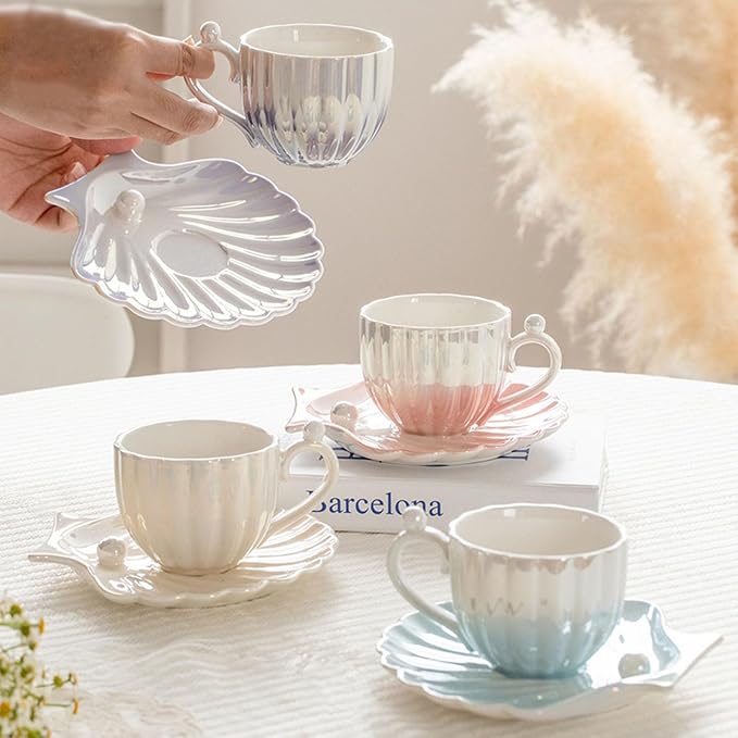 Pearl Shell Cup and Saucer - 8oz Gradient Ceramic Coffee Mug, Vintage Tea Cup, Cappuccino Cup, Latte Art Cup for for Afternoon Tea, Birthday Gift (PURPLE)