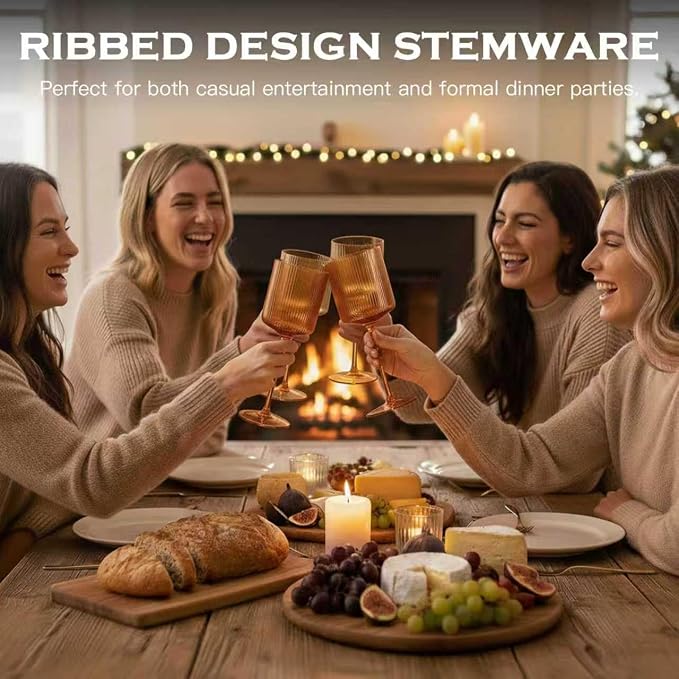 Amber Colored Square Wine Glasses Set of 6, Elegant Ribbed Design Amber Crystal Glassware with Long Stem, 11.5oz Hand Blown Red & White Wine Stemware For Home Dinner Party Wedding Housewarming Gift