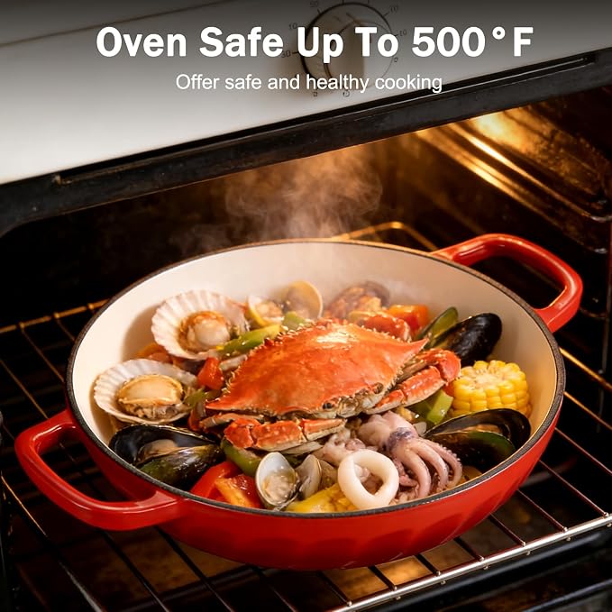 Enameled Cast Iron Dutch Oven, 3.8 Quart Dutch Oven Pot with Lid, Shallow Cast Iron Braiser with Handles, Oven Safe up to 500°F (Red)