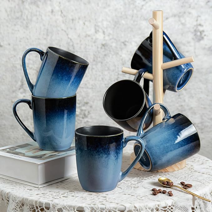 MONITO Large Ceramic Coffee Mugs Set with Handle for Tea/Latte/Cappuccino/Milk/Cocoa, Ice-Snow Blue 14oz, Set of 6, Funny Tea Cups for Office and Home