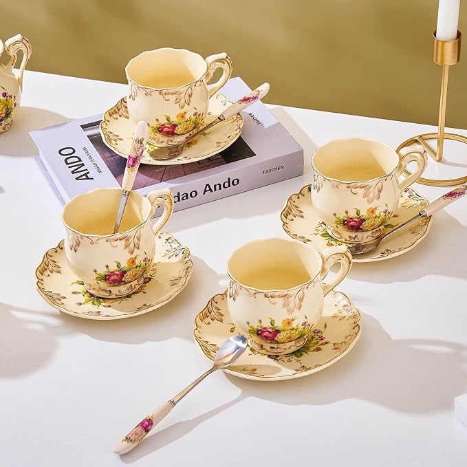 Tea Cups and Saucers Set of 4, 8 Oz Ivory Floral Porcelain Teacup and Saucer Set with Gold Trim, Vintage Tea Cups with Spoon, European Style (Colorful Floral)