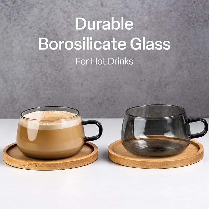 MIAMIO - 4x Glass Coffee/Tea Cups with Saucer (9.5 oz), Cappuccino Mugs/Tea Cup/Glass Mug for Coffee, Tea, Matcha, Latte, Coffee Cup with Saucer in a Set of 4 - Olea (Grey)