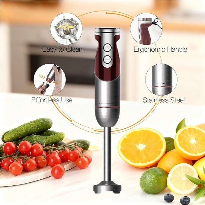 MegaWise 5-in-1 Hand Blender Set with Variable Speed Control, 400W Immersion Blender - Includes Whisk, Milk Frother, Chopper, and Beaker for Smoothies, Soups, and Baby Food (RED)