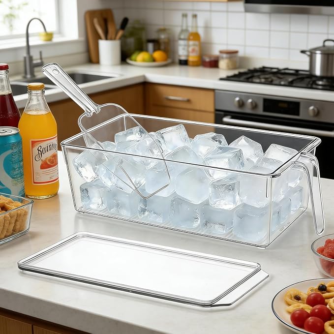 CIEOVO 2 Set Ice Bin for Freezer with Lid and 2 Scoop Set Plastic Freezer Ice Bin with Pull-Out Handle Clear Storage Bucket Kitchen Food Storage Organizer for Home Office Fridge Kitchen