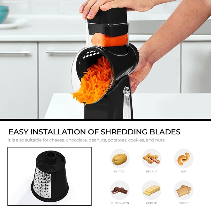 SUSTEAS Rotary Cheese Grater with Handle - Vegetable Shredder with 5 Well-designed Blades & Strong Suction Base,Round Mandoline Slicer & Food Chopper for Kitchen,with Blade Storage Box(Black)