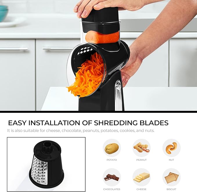 SUSTEAS Breakfast Prep Bundle 9-Capacity Rapid Egg Cooker (Soft/Medium/Hard, Timer, Voice Prompts) and Rotary Cheese Grater (5 Blades, Suction Base, Blade Storage Box) – Premium Black