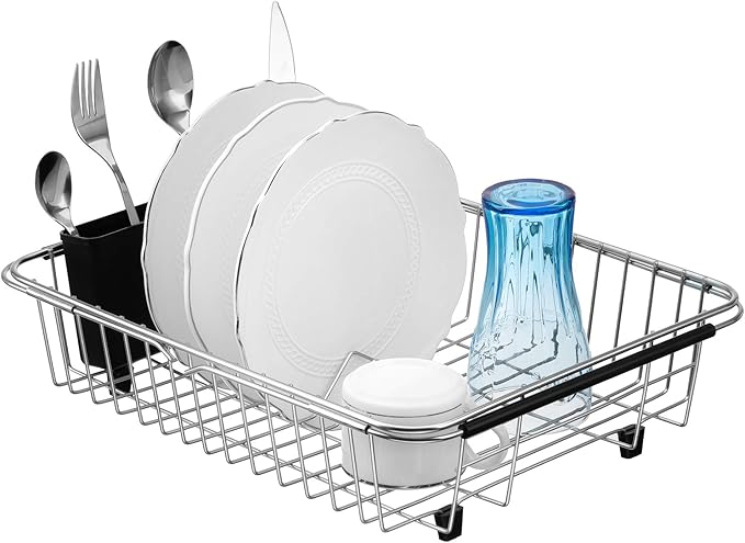 SANNO Expandable Pull Out Cabinet Organizer Kitchen Sliding Shelf, Modern Silver Stainless Steel Dish Drying Rack Over The Sink
