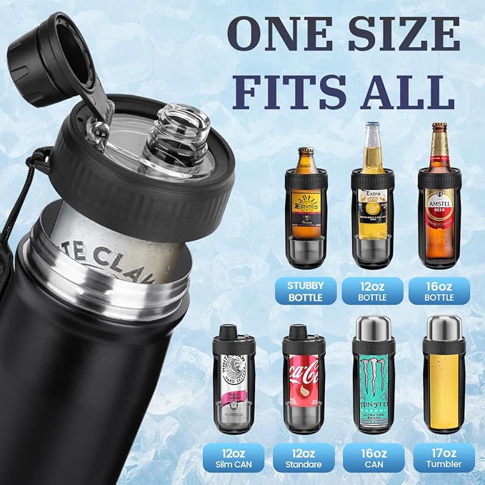 MAXSO Sealed Can Cooler Fizz Lid Can Cover for 12 oz Regular, Slim Skinny Cans & As Thermal Bottle (Matte Black, 5-in-1)