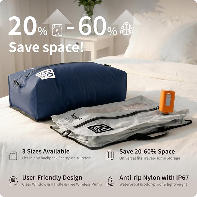 Vacuum Seal Bags for Travel with Pump, Reusable Nylon Compression Packing Cubes to Save Space for Carry-On Suitcase & Backpack, Odor&Waterproof Vacuum Kit for Clothes (Navy/Light Grey)