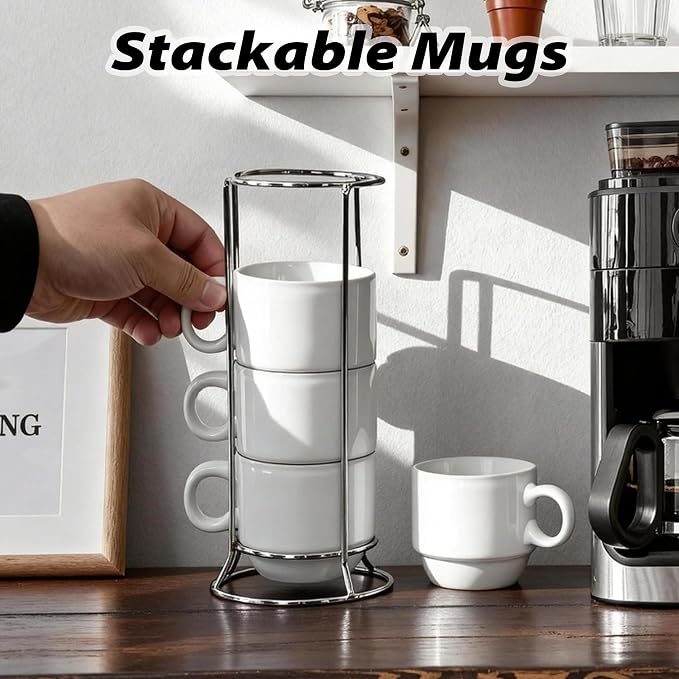6oz Sublimation Coffee Mugs Set of 4, Blank Stackable Coffee Mugs with Rack Porcelain Stackable Cappuccino Cups with Metal Stand for Coffee, Tea, Cocoa, Milk (4 Set of 16 Pcs Mugs)