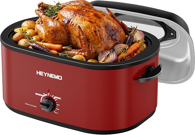 30 Quart Large Turkey Roaster with Defrost & Warm Functions, Electric Roaster Oven with Visible Self-Basting Lid, Adjustable Temperature Control, Removable Pan & Rack, Stainless Steel, Red