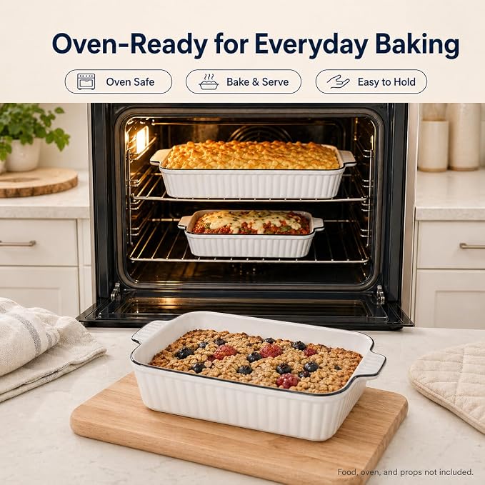 Ceramic Bakeware Set of 4, Deep Rectangular Casserole Dishes for Oven to Table, Non-Stick Lasagna Pans with Handles, Stackable Baking Pans for Family Dinners & Housewarming Gift