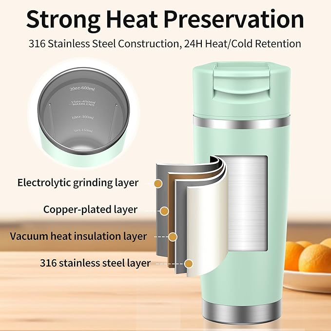 Portable Blender for Smoothies&Shakes 24oz Insulated Cup Cordless, Personal Small Licuadora Portatil With Stainless Steel Bottle, USB-C Rechargeable Travel Blender, BPA Free (Green)