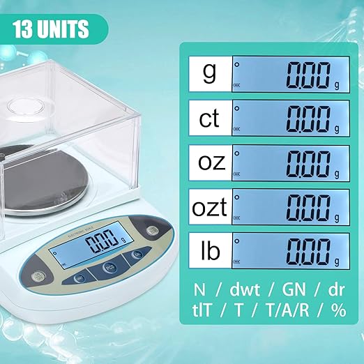 Lab Scale 3000gx0.01g,0.01g Accuracy High Precision 13 Unit Digital Analytical Balance, Electronic Laboratory Precision Gram Scale,Digital Scale with Windshield(with 500g Calibration Weight)