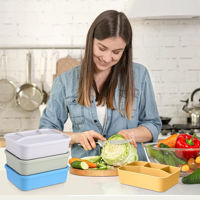 Honeydak 4 Pcs Silicone Bento Box Reusable Lunch Container 4 Compartment Snack Boxes with Lid Smooth LeakProof Rectangle Food Boxes for Adult Work Travel Food Storage (Cute Color)