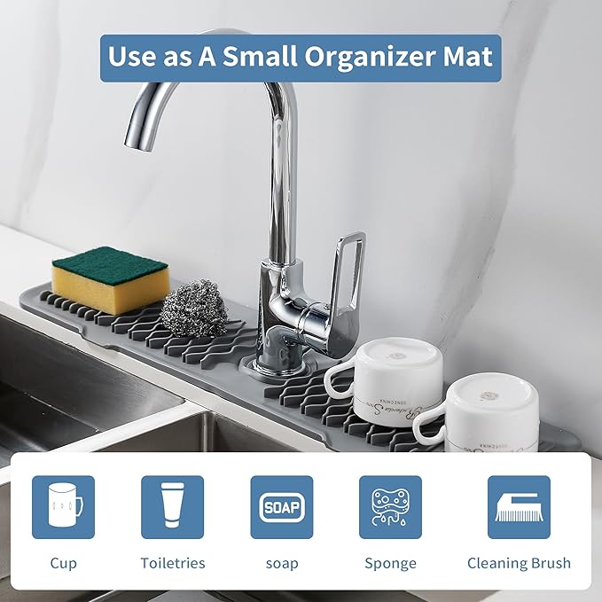Kitchen Sink Splash Guard 24inch Grey Silicone Faucet Mat Draining Mat Longer Silicone Faucet Handle Drip Catcher Tray Bathroom Countertop Protect Mat for Kitchen Bathroom, Drip Protector Splash