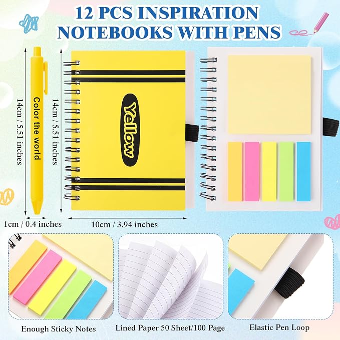 Skylety 12 Set Back to School Teachers Appreciation Gifts Bulk 16 oz Crayon Cups with Lid and Straw Spiral Notebooks Sticky Note Pens for Back to School Party Classroom Supplies