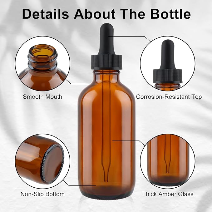 42 Pack 4oz Amber Glass Bottles with Glass Eye Droppers for Essential Oils, Perfumes & Lab Chemicals (Brush, Funnels, 3 Extra Droppers, 48 Pieces Labels & 30ml Measuring Cup Included)