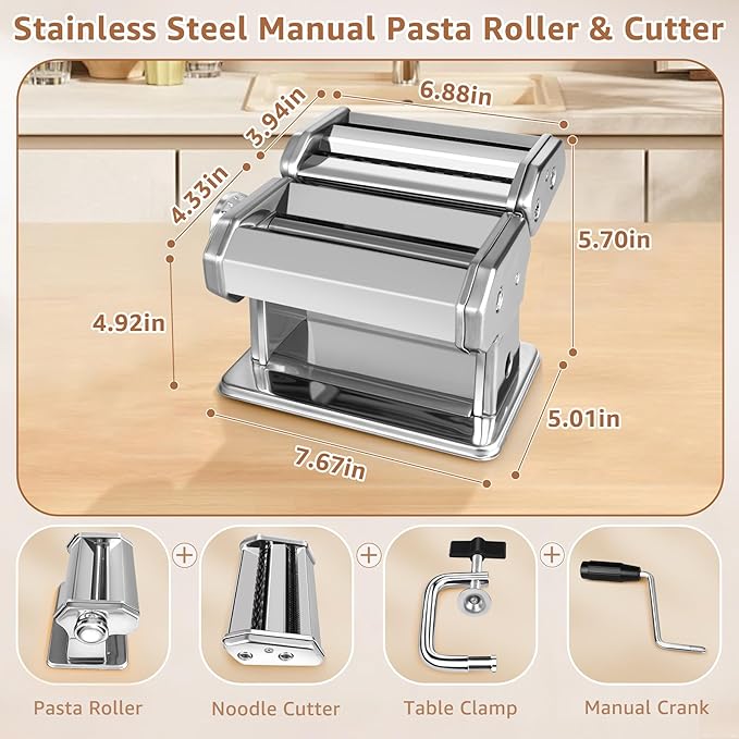 Pasta Maker - 7 Thickness Settings Pasta Roller & 2-in-1 Cutter, Stainless Steel Pasta Machine for Spaghetti, Fettuccine, Ravioli, Lasagna - Includes Hand Crank & Table Clamp