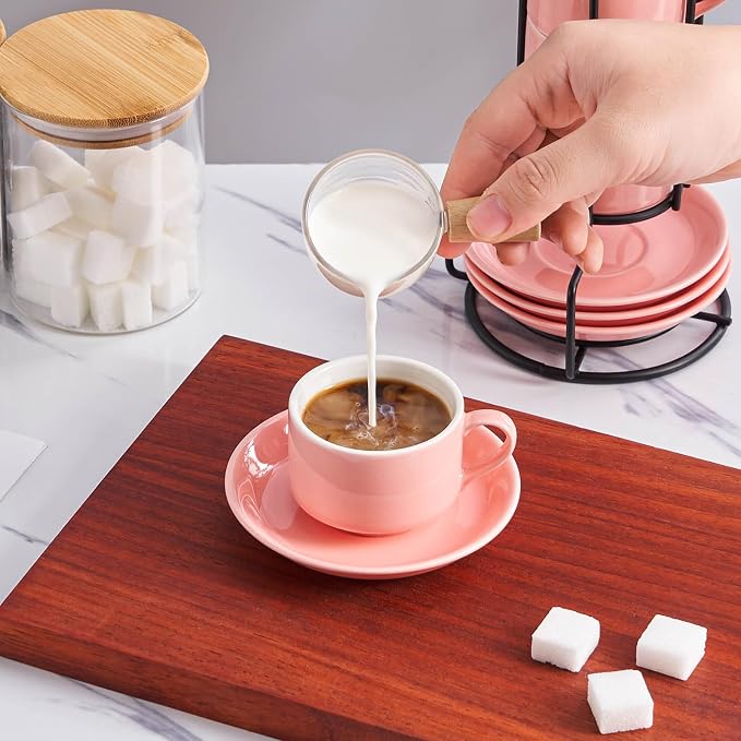 YOLIFE 2.5oz Espresso Cups Set of 4, Porcelain Stackable Espresso Cups, Expresso Shots Cup Set with Saucers and Metal Stand-Pink