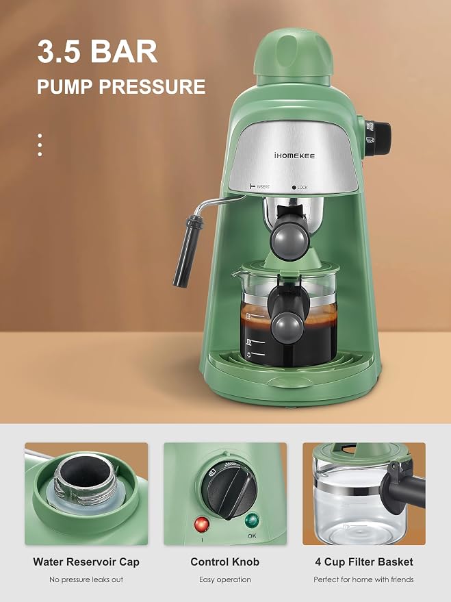 Ihomekee Espresso Machine, 3.5Bar Espresso and Cappuccino Machine with Preheating Function, 4 Cup Coffee Maker with Milk Frothing Function and Steam Wand (Green), CM6810