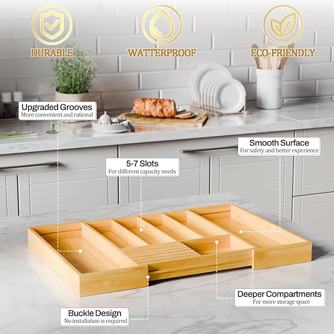 Bamboo Kitchen Silverware Drawer Organizer - Expandable Wood Utensil Holder with Dividers, Luxury Cutlery Storage Tray for Kitchen Utensil and Flatware (5-7 Slots with Removable Knife Block, Natural)