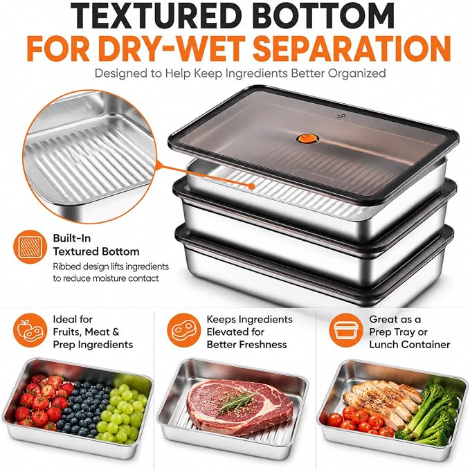 3-Pack Stainless Steel Food Storage Containers with Airtight Lids - Vacuum Seal Meal Prep Containers for Fridge Organization - Leakproof & Stackable Food Storage Set for Kitchen Freezer & Oven Safe
