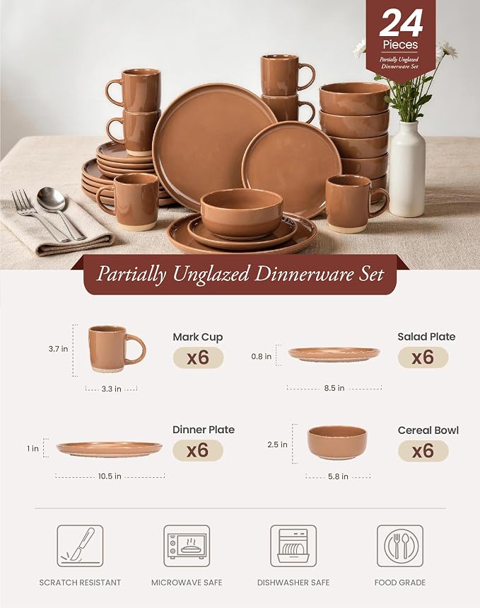 OTAGO 24-Piece Brown Stoneware Dinnerware Set for 6 with Mugs, Plates and Bowls Sets with Partially Unglazed Base, Scratch Resistant Ceramic Dish Set, Microwave & Dishwasher Safe for Kitchen