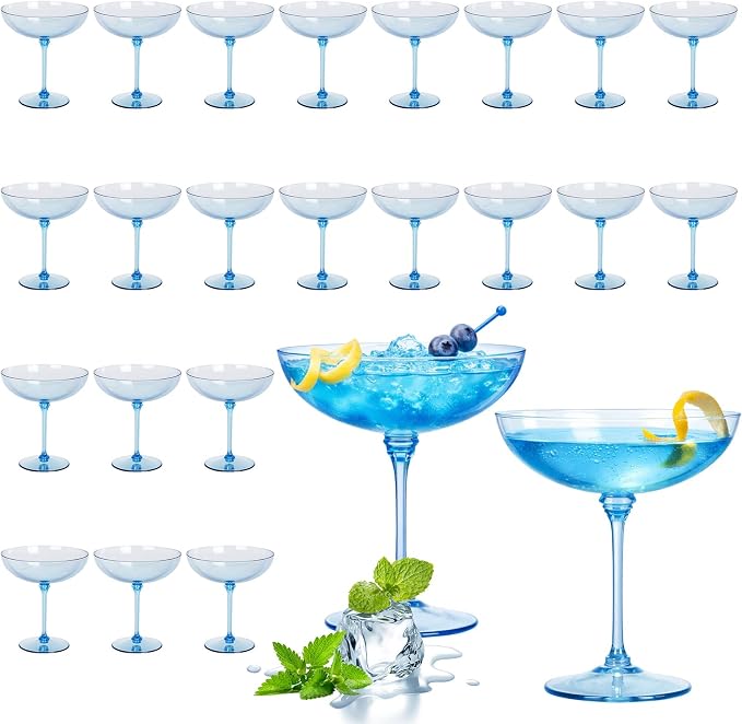 LemonRoad 24 Pcs Plastic Coupe Glasses 9 oz Disposable Martini Glasses for Cocktails, Champagne, Desserts and Espresso, Drinkware Set for Weddings, Birthday Parties, Home Bars (Blue)