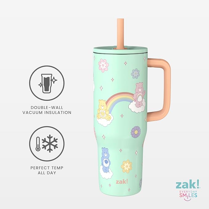 Zak Designs Care Bears Sutton Travel Tumbler for On the Go, 30oz Stainless Steel with Vacuum Insulation, Silicone Straw, and Carry Handle for Cold Drinks (Care Bears)
