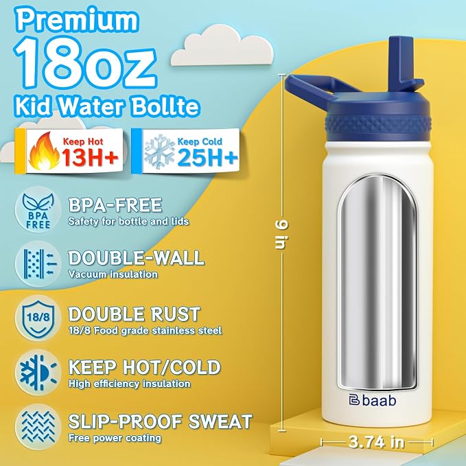 baab 18oz Kids Water Bottle, Insulated Water Bottle with Straw & Stickers, 18/8 Stainless Steel Vacuum Leakproof Kids Water Straw Cup for School, Perfect for Boy Girl (White, 1 Pack)
