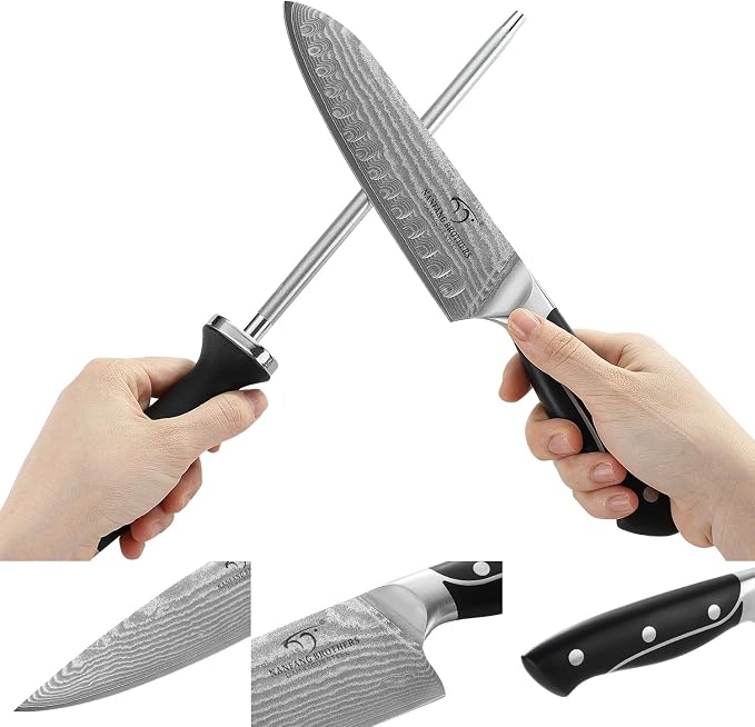 Damascus Kitchen Knife Sets, 9 Pieces Kitchen Knives Set with Block, ABS Ergonomic Handle for Chef Knife Set, Knife Sharpener and Kitchen Shears, Knife Block Set