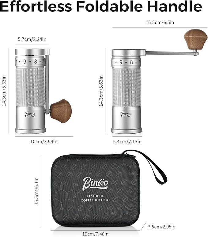 Bincoo Manual Coffee Grinder Manual Foldable Handle– Espresso Hand Coffee Grinder Burr,Compact and Portable for Home/Travel/Camping(Sliver)