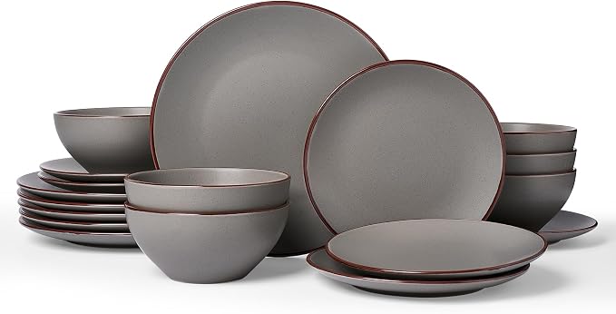 Famiware Venus Plates and Bowls Sets with Trim, 18 Pieces Speckled Stoneware Dinnerware Set for 6, Matte Dark Gray - Modern Minimalist, Microwave & Dishwasher Safe Dishes for Everyday & Formal Dining