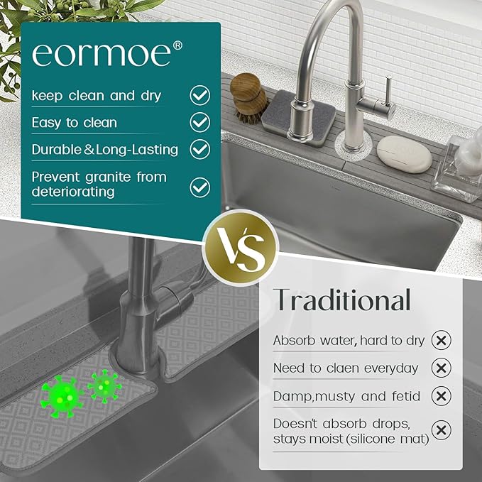 eormoe Kitchen Faucet Mat - Diatomite Splash Guard for Sink, Quick-Drying Water Absorbing Stone Tray [Grey, 23.6" x 3.9"], Includes Sandpaper