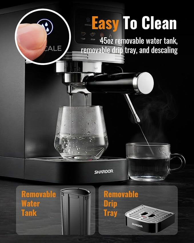 SHARDOR Espresso Machine 20 Bar, Professional Espresso Machine with Milk Frother and Touchscreen, Expresso Coffee Machines with Adjustable Temperature,for Cappuccino, Latte, Stainless Steel, Black