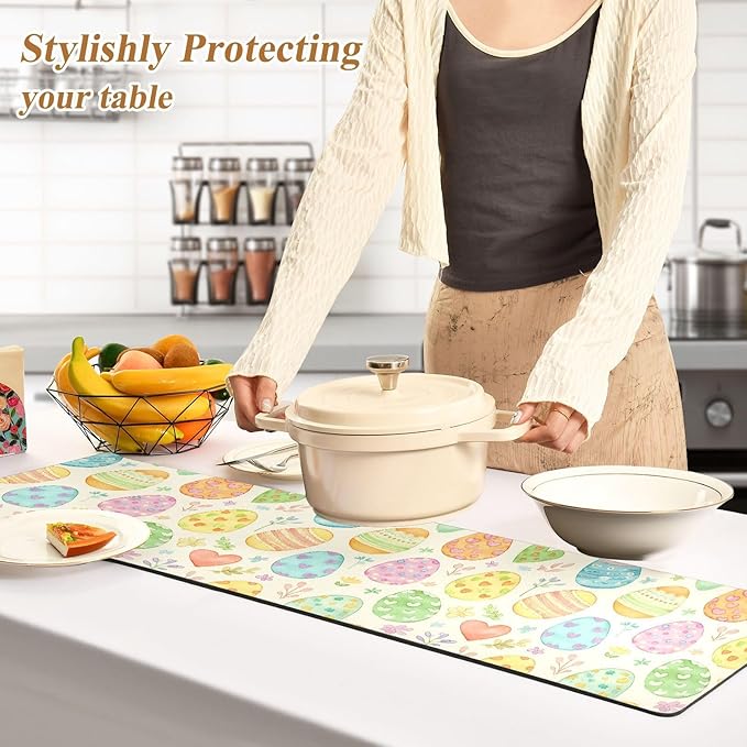 2 in 1 Table Runner Trivet for Hot Pots and Pans Heat Resistant Non Slip Waterproof 39 x 12 Inch Decorative Table Protector for Kitchen Countertop Light Yellow Decorative Easter Eggs Flowers