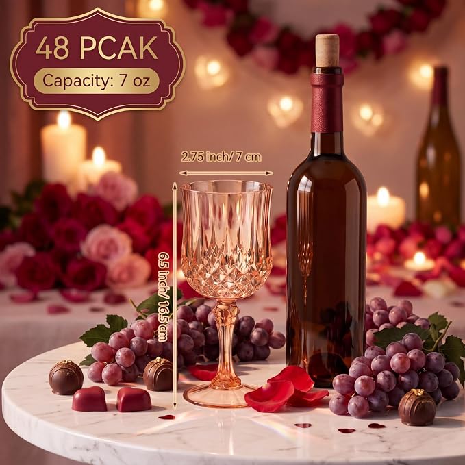 Sliner 48 Pcs 7oz Plastic Vintage Wine Glasses Drinking Goblets Unbreakable Crystal Water Glassware Reusable Diamond Champagne Flutes Cups for Wedding Banquet Birthday Party Supplies (Rose Gold)